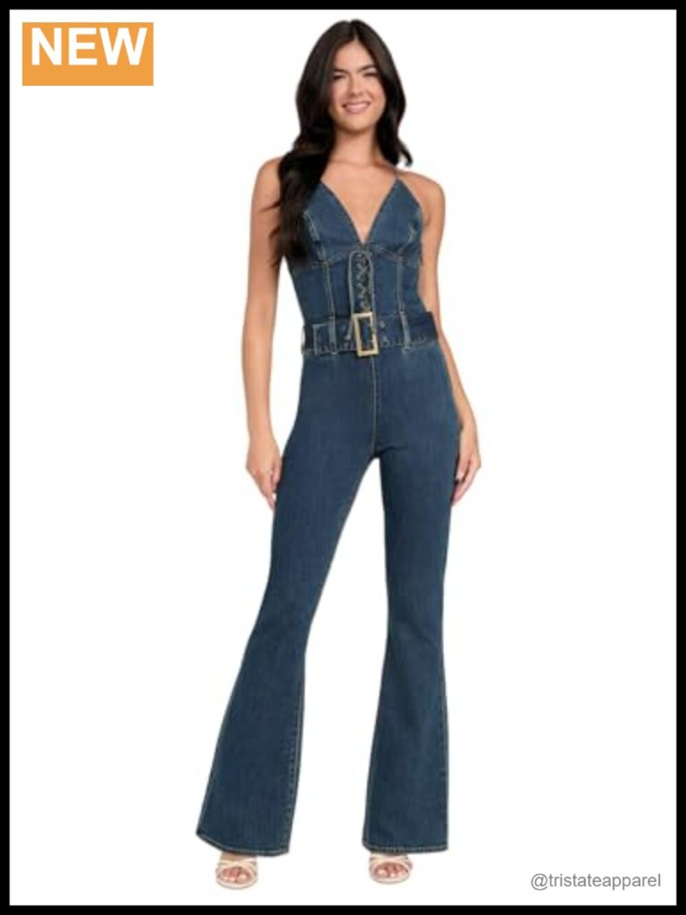 Eco Rebel Halter Denim Jumpsuit V Neck Lace Up Flared
